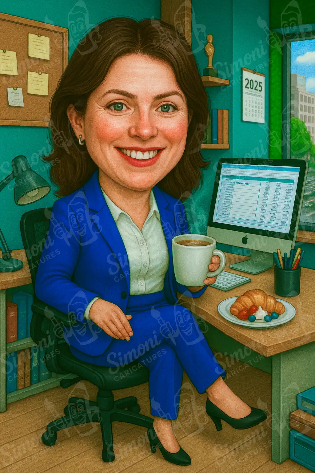 Карикатура на усмихната жена в син костюм с чаша кафе в офис обстановка – персонализиран портрет от Simoni Caricatures, идеален бизнес подарък